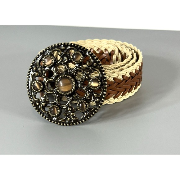 Coldwater Creek Accessories - Vtg Coldwater Creek Woven Brown Leather Belt Round Metal Stone Inlay Buckle Sz L